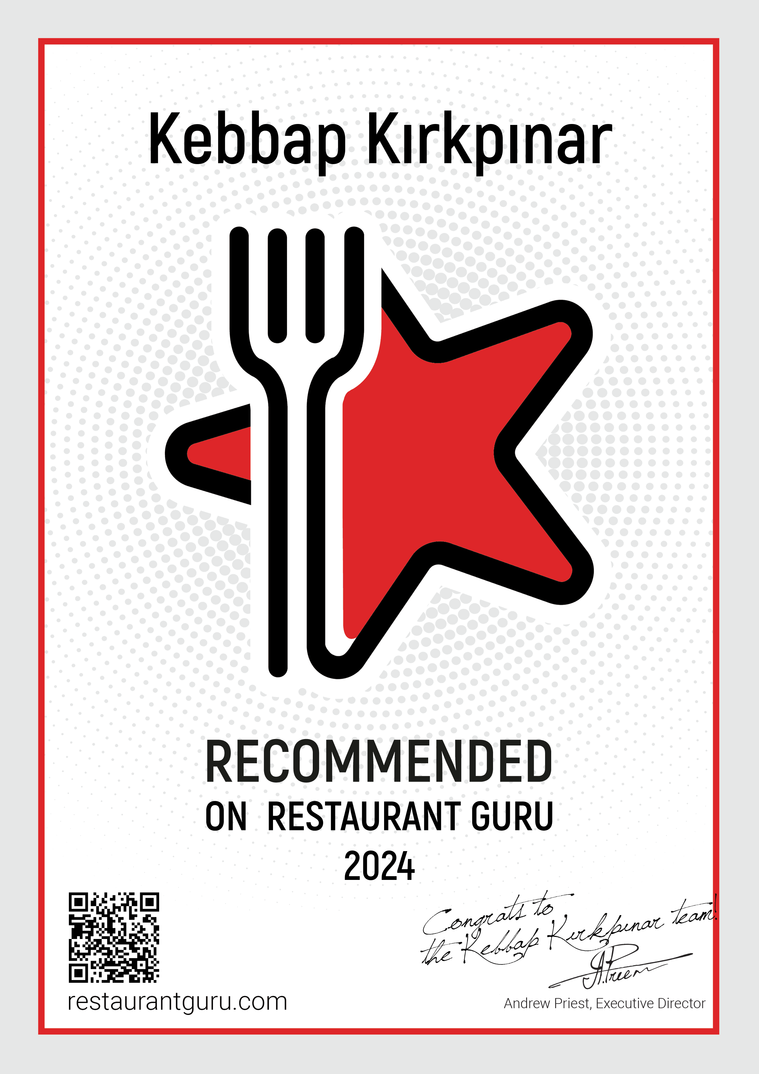 Restaurant Guru 2024 ödül sertifikası